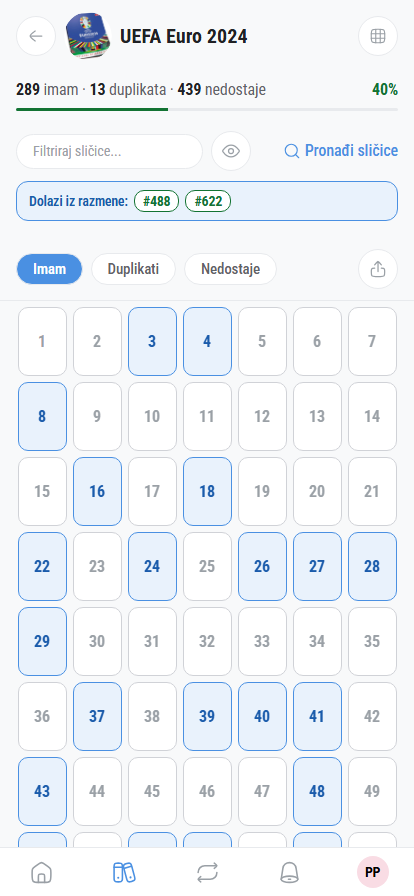 Album sa označenim sličicama (imam / nedostaje / duplikati)