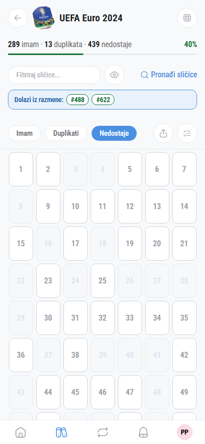 Album sa označenim sličicama (imam / nedostaje / duplikati)
